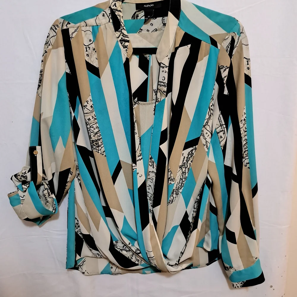 Alfani Womens Geometric Print Blouse Turquoise Black Tan Split Neck Top Sz 10 - Picture 1 of 7